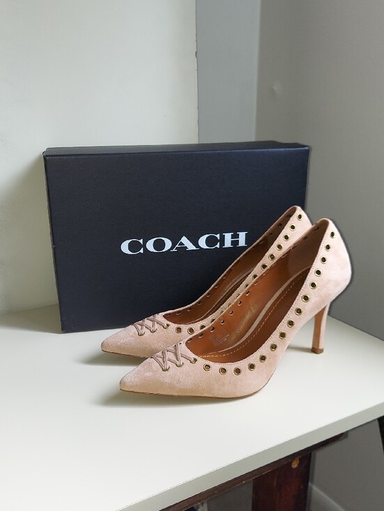 Coach Shoes - Coach Varick Suede Pale Blush Pointed Toe Grommet Pump Stiletto Heels Size 10